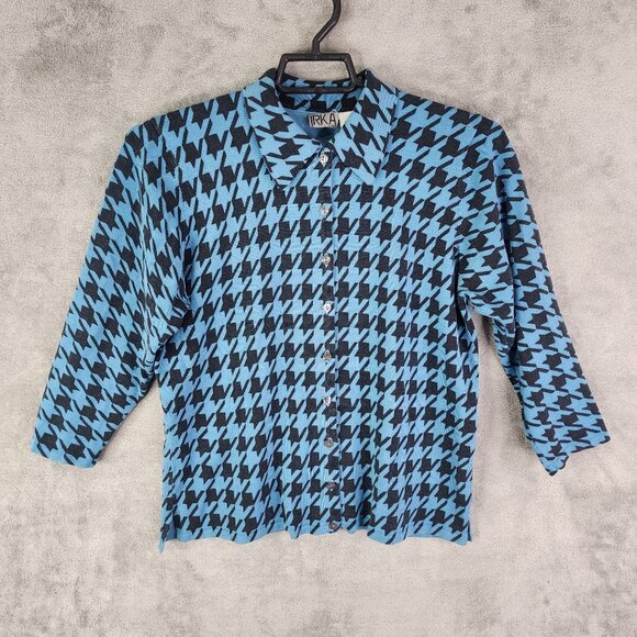 Women's Irka Blue & Black Houndstooth Silk Blend Shirt Button-Up Long Sleeve XL - Picture 2 of 10
